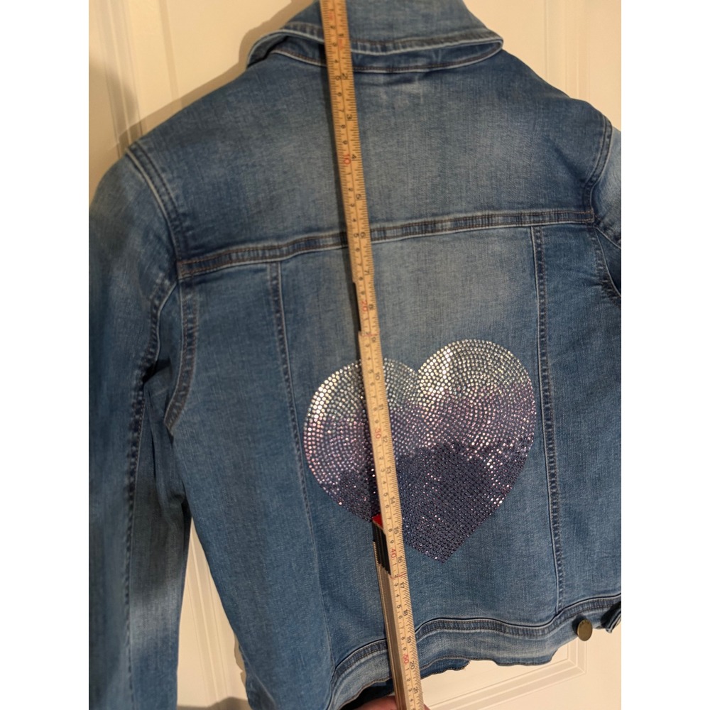 ME.N.U Denim Jacket Medium Wash Rhinestone Heart Star Slim Fit Womens Size M - Picture 6 of 8